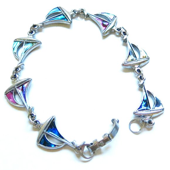 SJ Silver Tone with Paua Imitating Iridescent Enamel Inlay Sailboat Bracelet - Picture 2 of 6